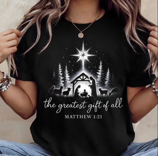 The Greatest Gift of All Christmas Nativity Tee – Matthew 1:21 Shirt