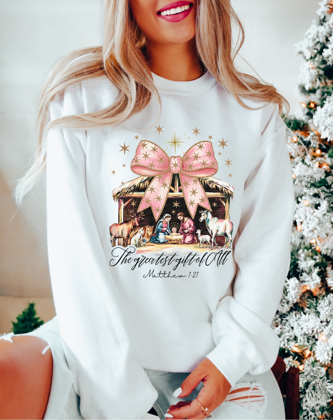 White Christmas tee or sweatshirt with nativity manger scene and Matthew 1:21 scripture – Greatest Gift of All design