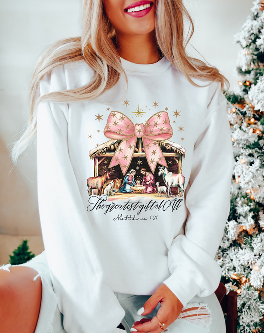 White Christmas tee or sweatshirt with nativity manger scene and Matthew 1:21 scripture – Greatest Gift of All design