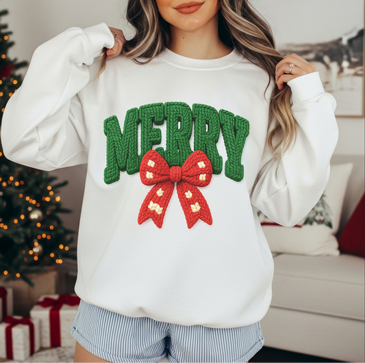 MERRY Sweatshirt | Cozy Christmas Crewneck | Holiday Bow Graphic Pullover | Cute Winter Outfit