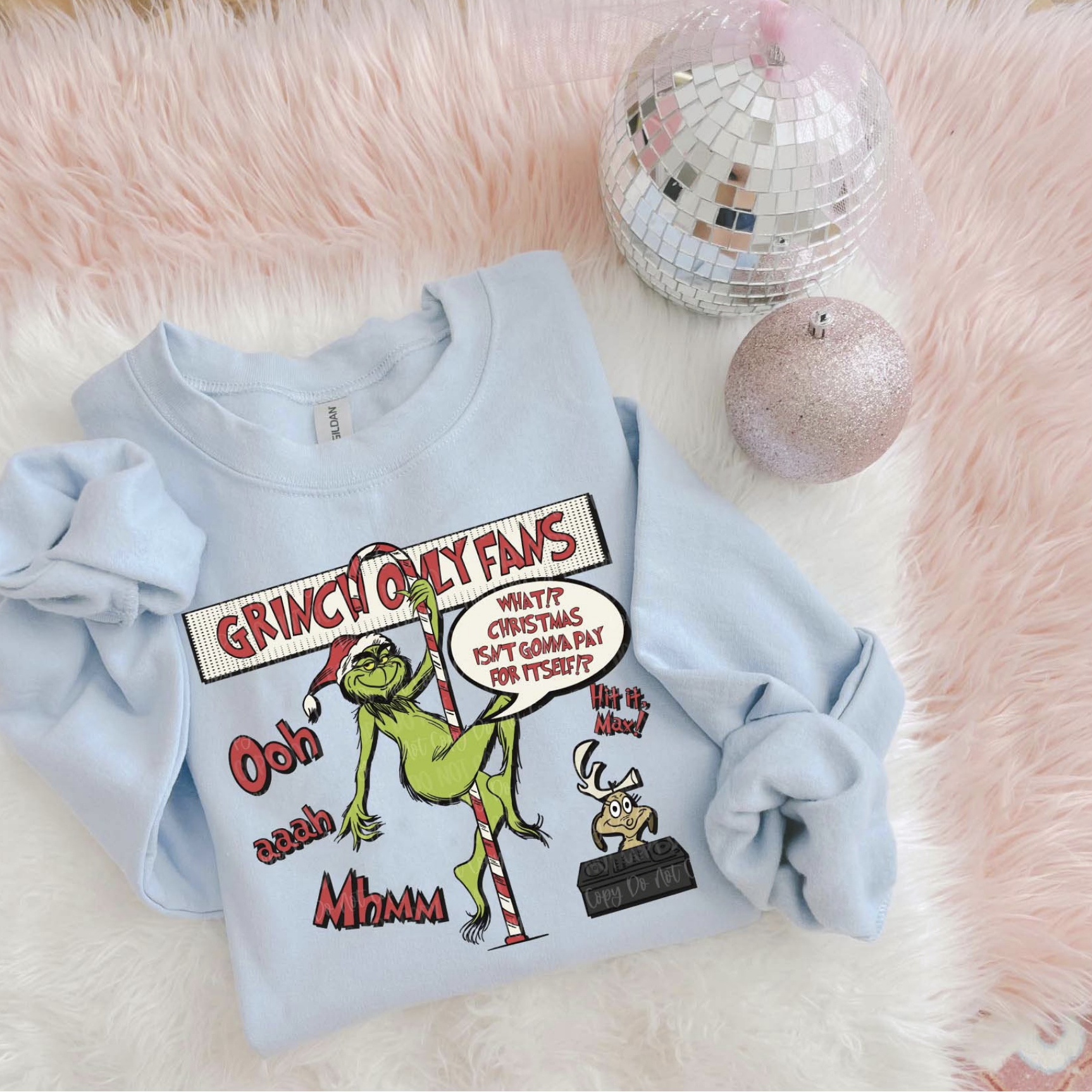 "Grinch OnlyFans Christmas sweatshirt funny holiday sweater"

"Funny Grinch parody crewneck for Christmas parties"

"Light blue Christmas sweatshirt with Grinch comic design"