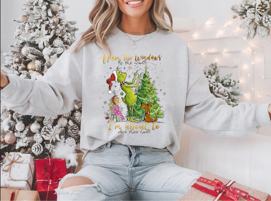 Woman wearing grey “Deck the Halls” funny Christmas sweatshirt with festive tree

Cozy holiday crewneck with humorous Christmas quote

Funny winter sweatshirt perfect for Christmas gatherings

Festive pullover styled for cozy holiday mornings