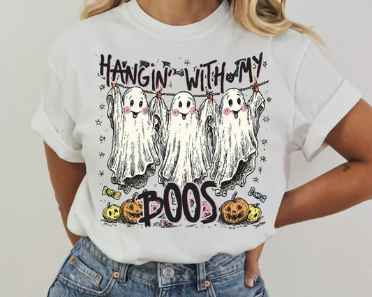 "Hangin’ With My Boos Halloween ghost graphic t-shirt"

"Cute spooky season shirt with candy and pumpkin design"

"Funny Halloween ghost friends graphic tee"