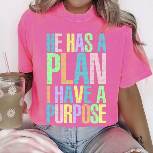 "He Has a Plan I Have a Purpose Christian graphic t-shirt"

"Bright multicolor faith message shirt in pink"

"Inspirational Christian t-shirt with Bible-inspired quote"