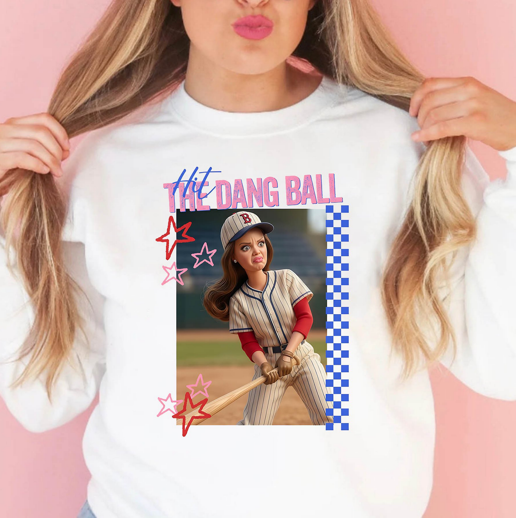 White graphic sweatshirt featuring funny baseball batter design with Hit The Dang Ball phrase for softball moms and baseball game day outfits