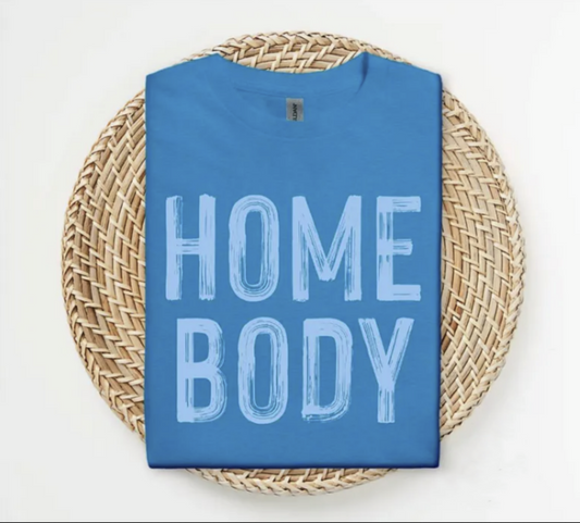 Blue graphic tee with light “HOME BODY” text – $15 casual t-shirt