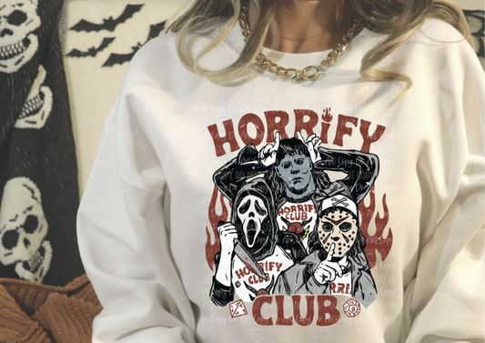 Horrify Club Sweatshirt – oversized pullover featuring Ghostface, Jason, Michael Myers, horror villains