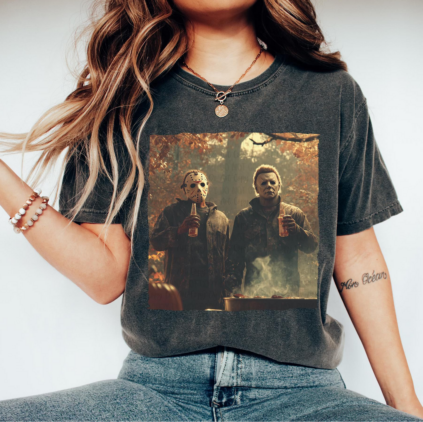 "Vintage black Comfort Colors t-shirt with Jason and Michael Myers horror Halloween graphic"

"Halloween horror movie graphic tee featuring Jason and Michael Myers drinking together"