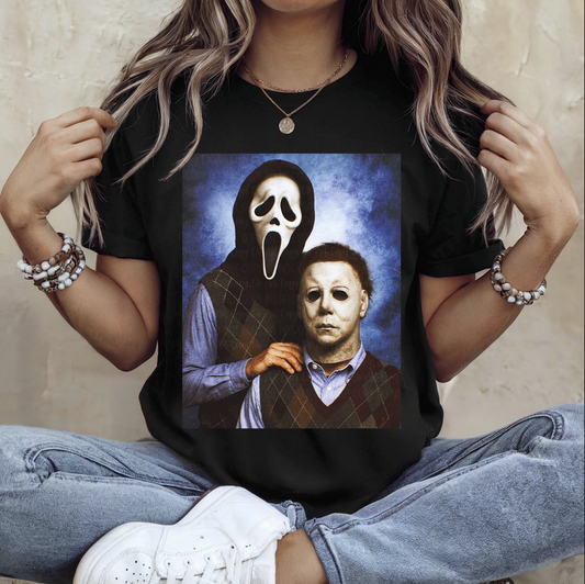 Black t-shirt with Ghostface and Michael Myers retro portrait graphic”

“Funny horror villains family portrait tee”

“Halloween graphic shirt with Ghostface and Michael Myers”