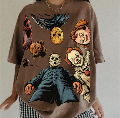 Horror Icons Collage T-Shirt – Michael Myers, Jason, Freddy, Pennywise Graphic Tee