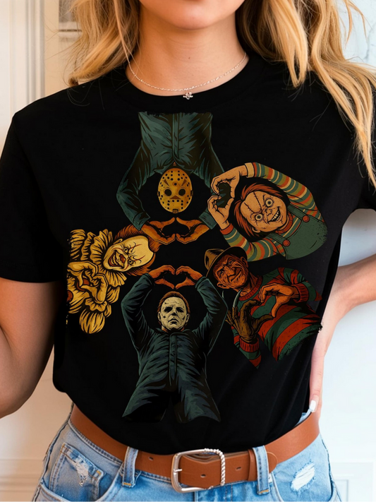 Black t-shirt with horror villains Michael Myers, Jason, Freddy, and Chucky making heart hands

“Halloween horror movie graphic tee for spooky season”

“Creepy heart hands shirt featuring classic horror villains”