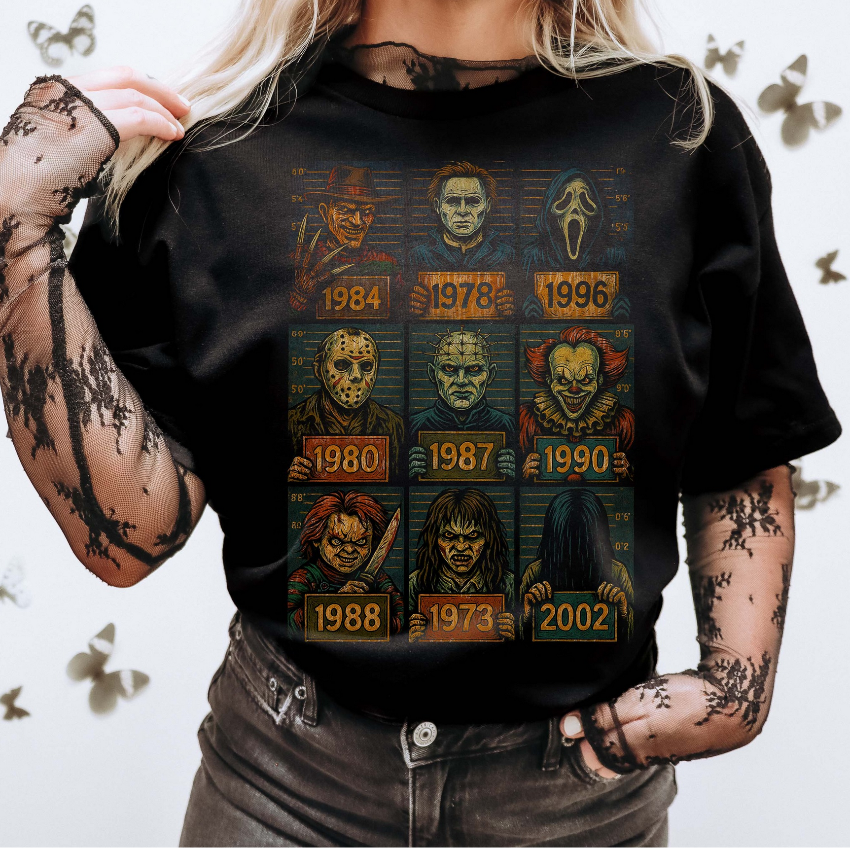 Classic Horror Villains T-Shirt – oversized scary movie icons graphic tee with lineup of horror characters