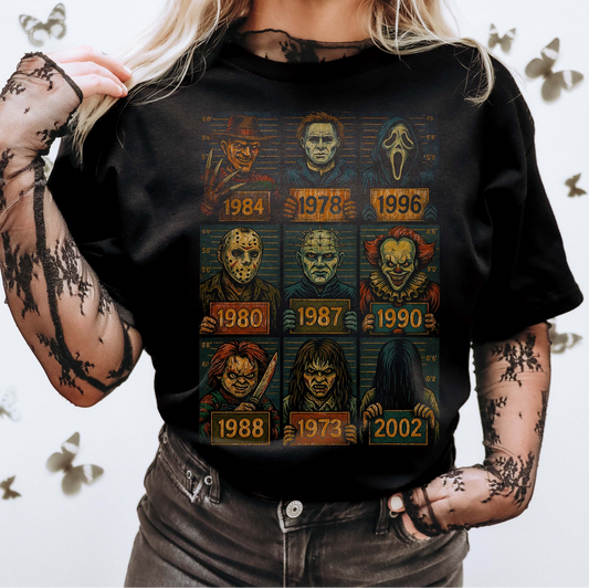 Classic Horror Villains T-Shirt – oversized scary movie icons graphic tee with lineup of horror characters