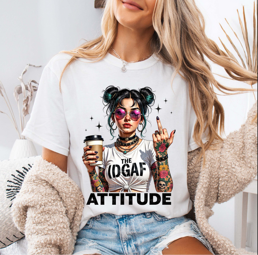 DGAF Attitude graphic tee with tattooed girl holding coffee and bold text design on white shirt
