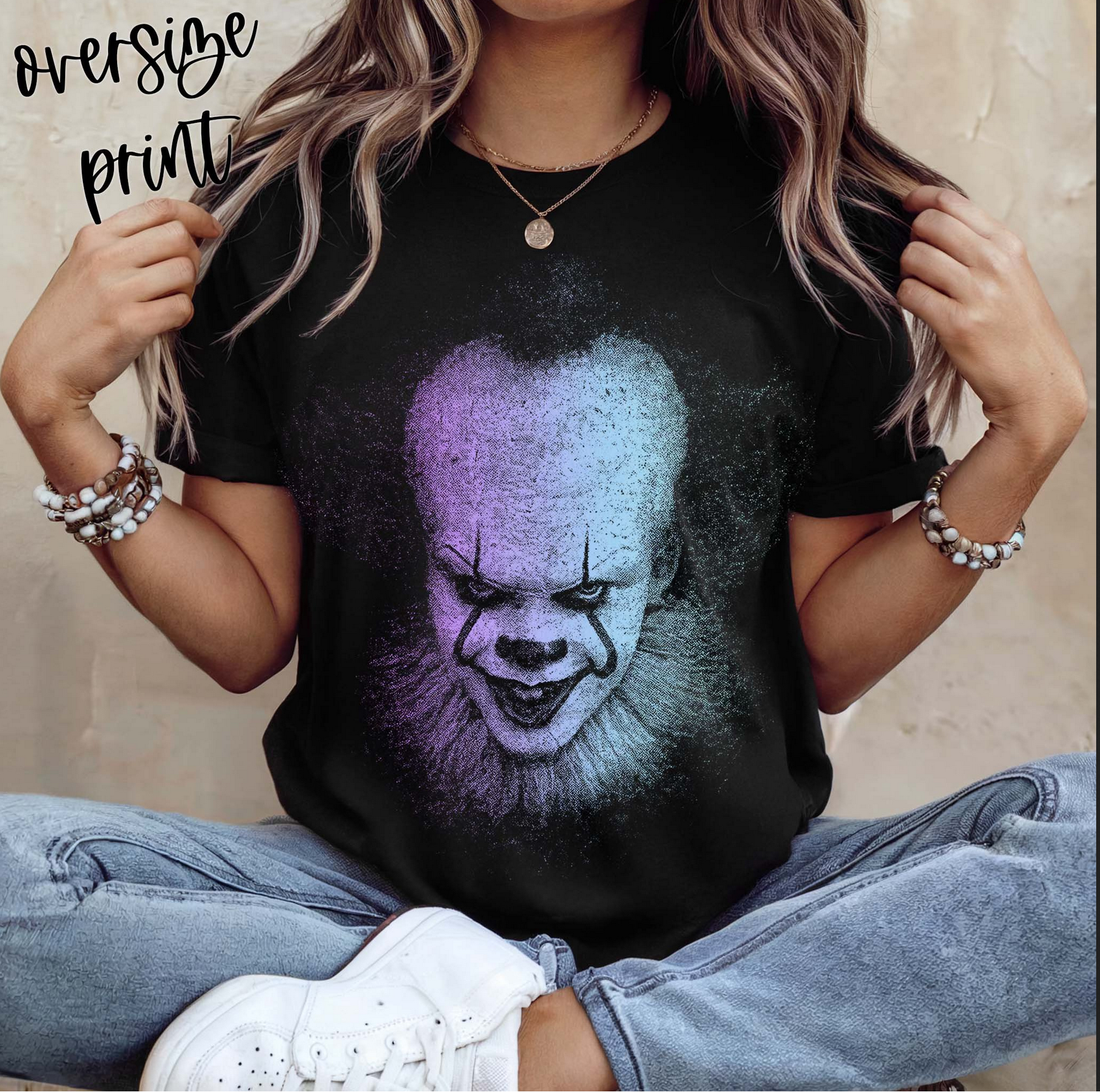 Pennywise IT Horror Graphic T-Shirt – oversized scary clown Halloween tee in purple and blue tones