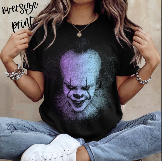 Pennywise IT Horror Graphic T-Shirt – oversized scary clown Halloween tee in purple and blue tones
