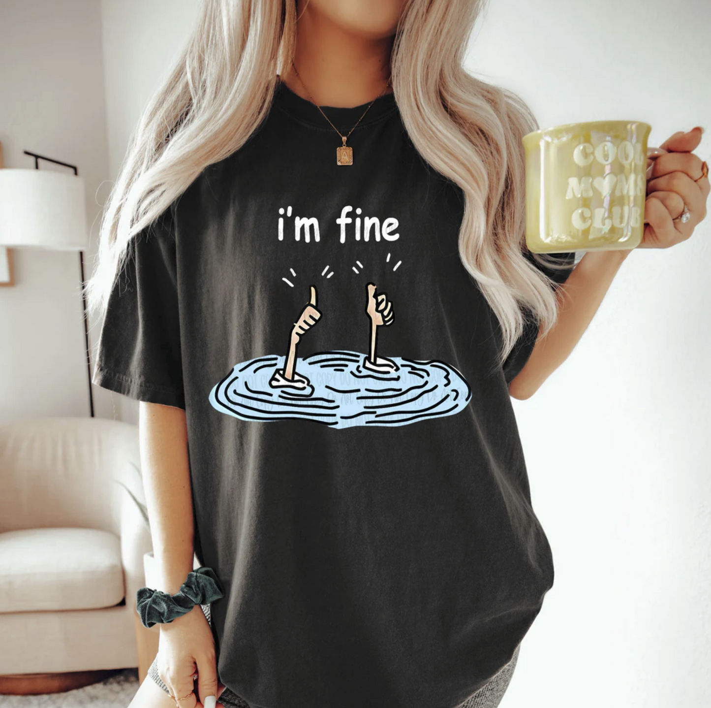 I'm Fine drowning cartoon graphic tee in black with funny sarcastic design
