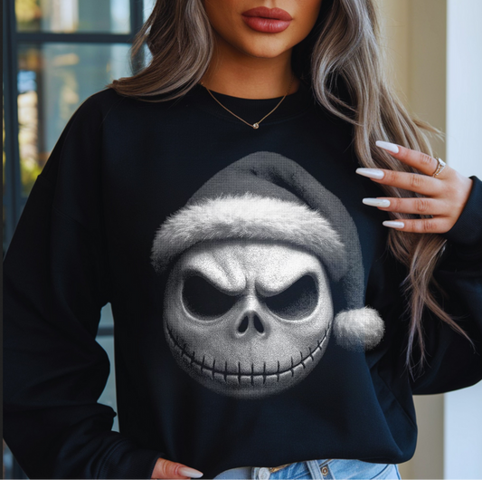 “Black sweatshirt with a grayscale spooky skull wearing a Santa hat.”
