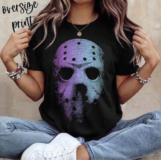 Jason Voorhees Hockey Mask Horror T-Shirt – oversized Friday the 13th Halloween tee in purple and blue tones