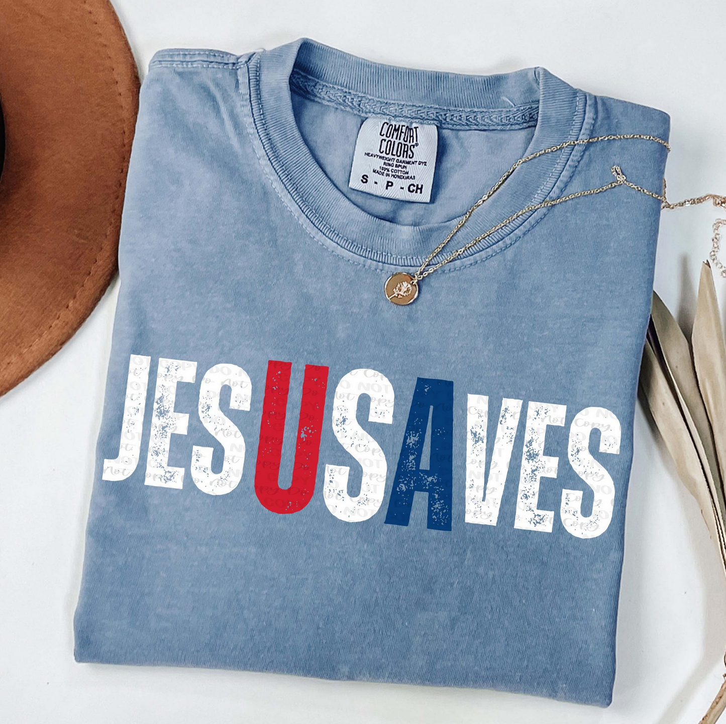 Jesus Saves Christian graphic tee on Comfort Colors denim blue shirt
