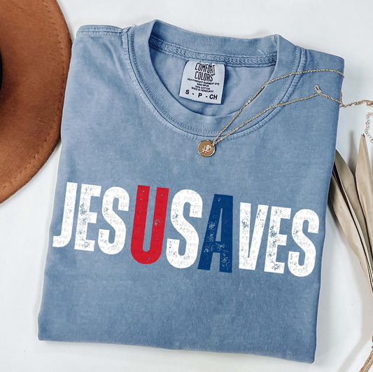 Jesus Saves Christian graphic tee on Comfort Colors denim blue shirt
