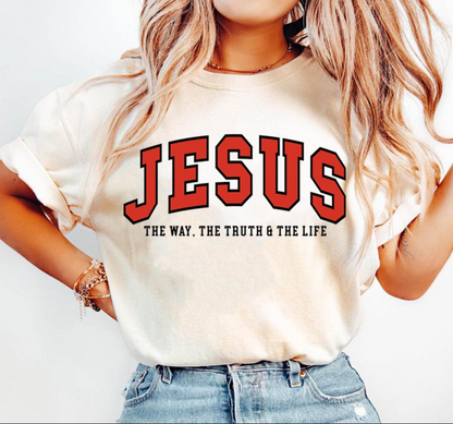 JESUS Graphic Tee – The Way, The Truth & The Life Christian T-Shirt in varsity lettering