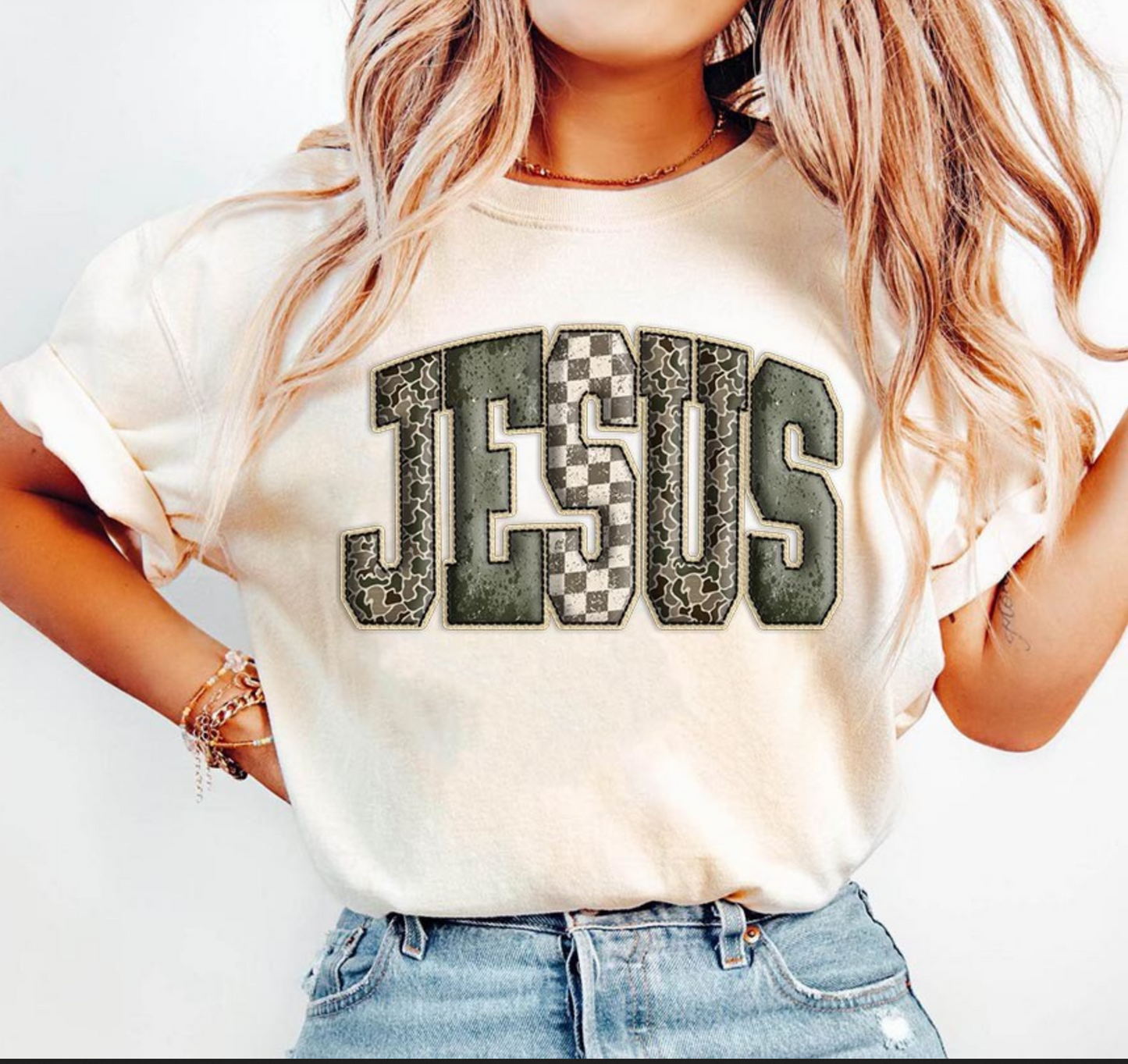 JESUS Patchwork Sweatshirt – Neutral Checkered Christian Crewneck
