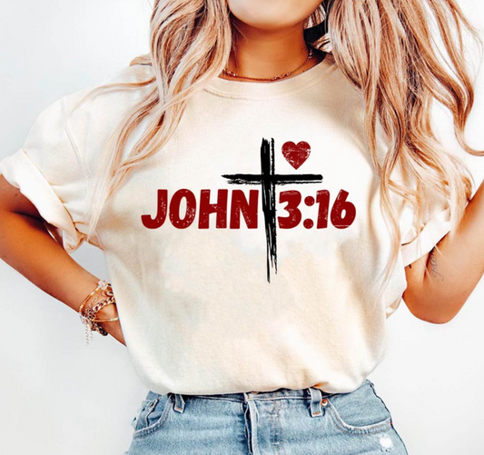 Cream graphic t-shirt featuring John 3:16 text with cross and heart design