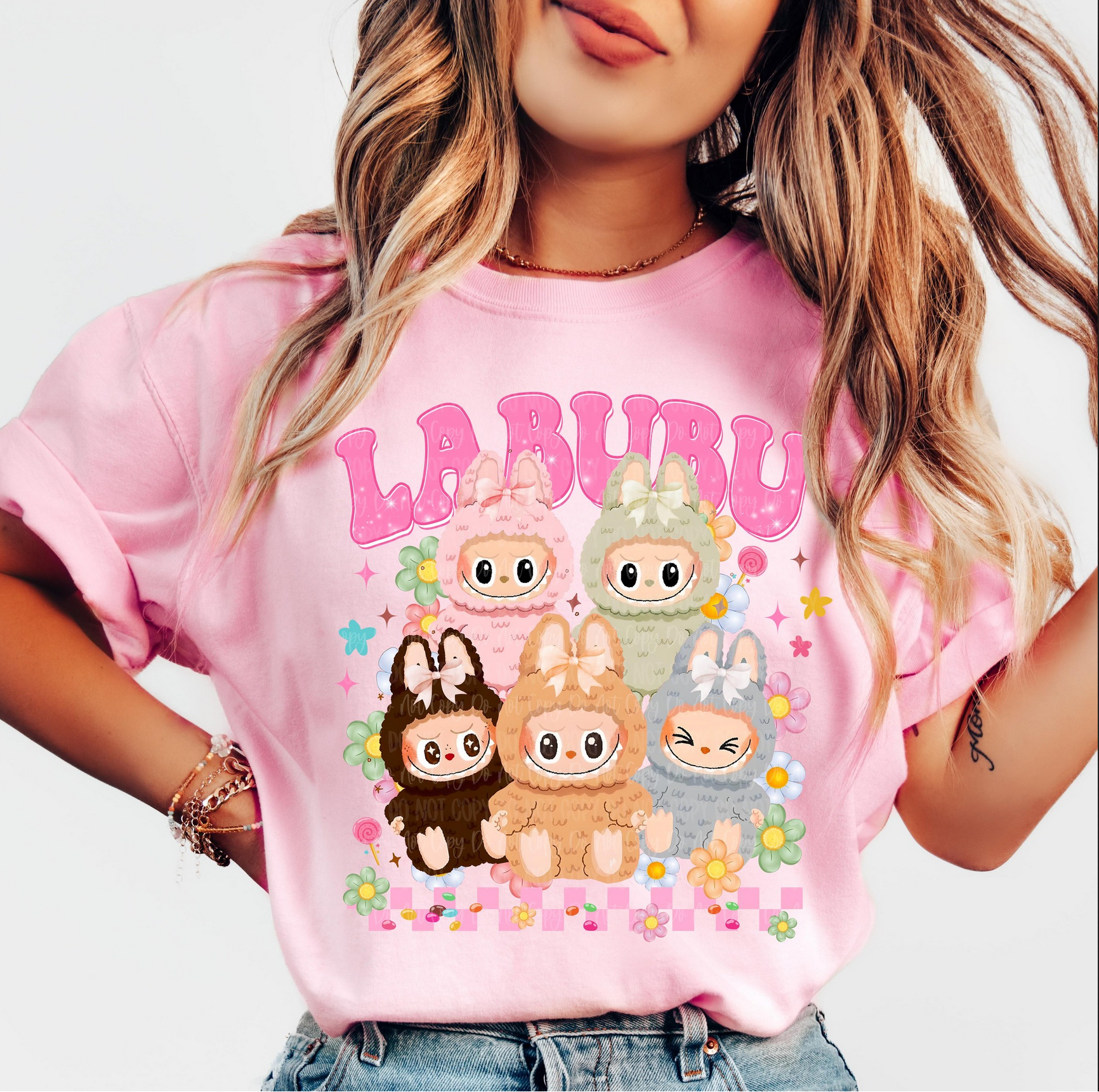 "Pink Labubu inspired t-shirt with cute pastel cartoon characters and floral design"

"Trendy graphic tee with Labubu-inspired characters in pastel colors"