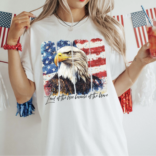 Land of the Free Because of the Brave patriotic graphic tee with bald eagle and American flag on white shirt
