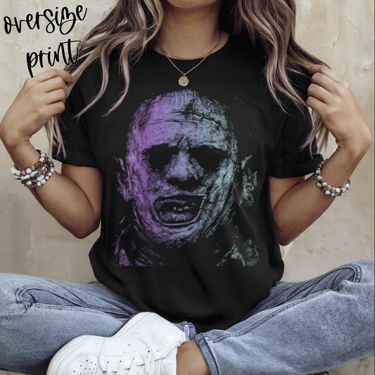 Leatherface Horror Graphic T-Shirt – oversized Texas Chainsaw Massacre tee in purple and blue tones