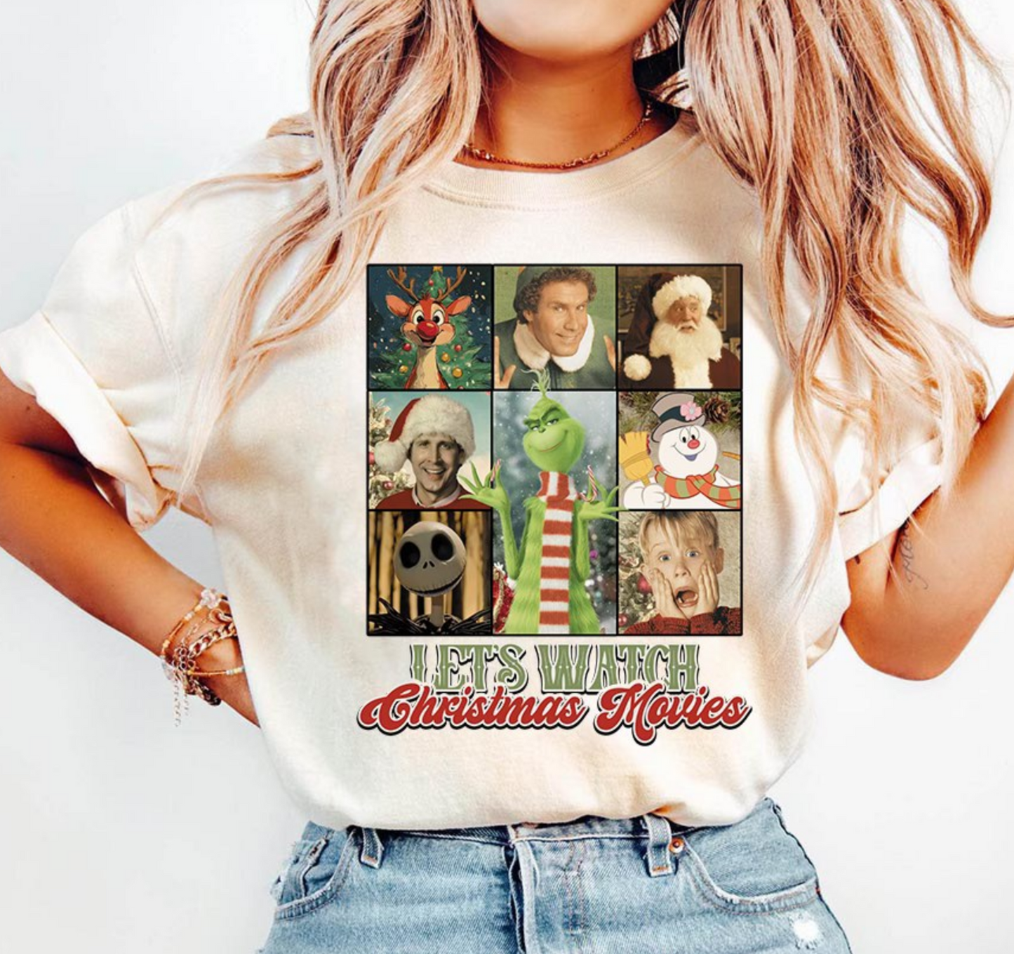 “Christmas movie night shirt with retro holiday collage artwork and winter-themed illustrations.”