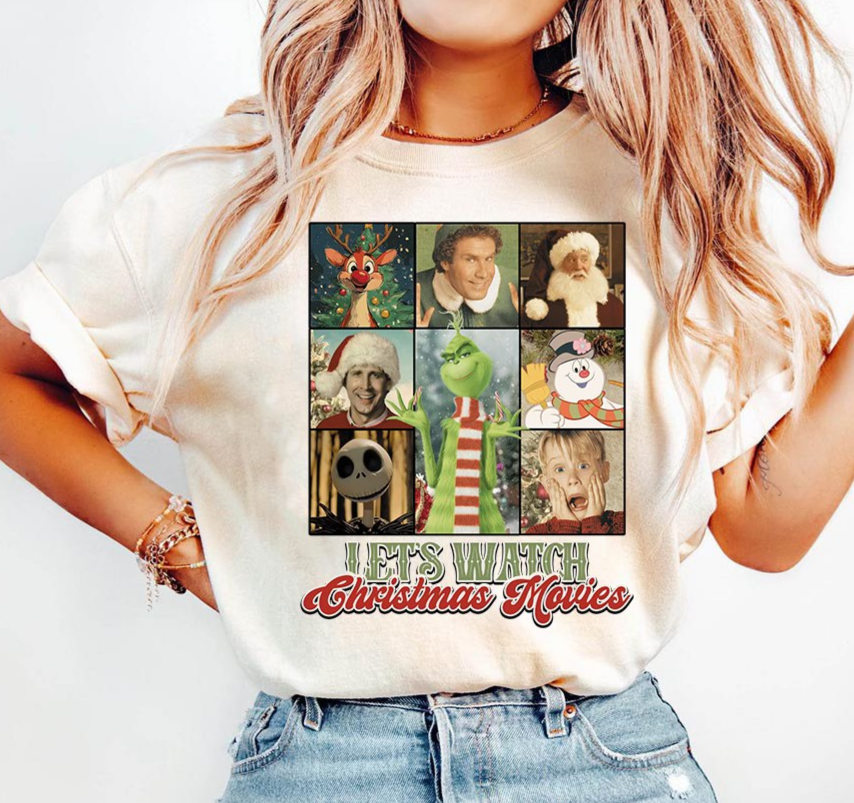 “Christmas movie night shirt with retro holiday collage artwork and winter-themed illustrations.”