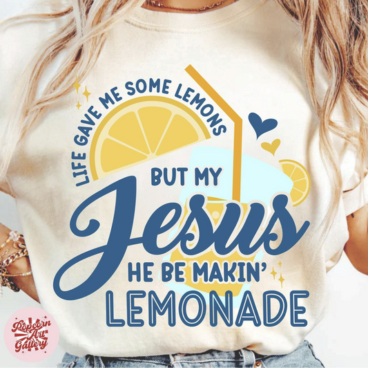 “Beige t-shirt with Life Gave Me Lemons But My Jesus He Be Makin’ Lemonade Christian quote”

“Faith inspired Christian graphic tee with lemon design”

“Religious inspirational shirt – Jesus makes lemonade quote”