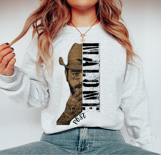 "Heather grey sweatshirt with Post Malone inspired graphic design"

"Unisex music artist inspired crewneck sweatshirt with western cowboy design"
