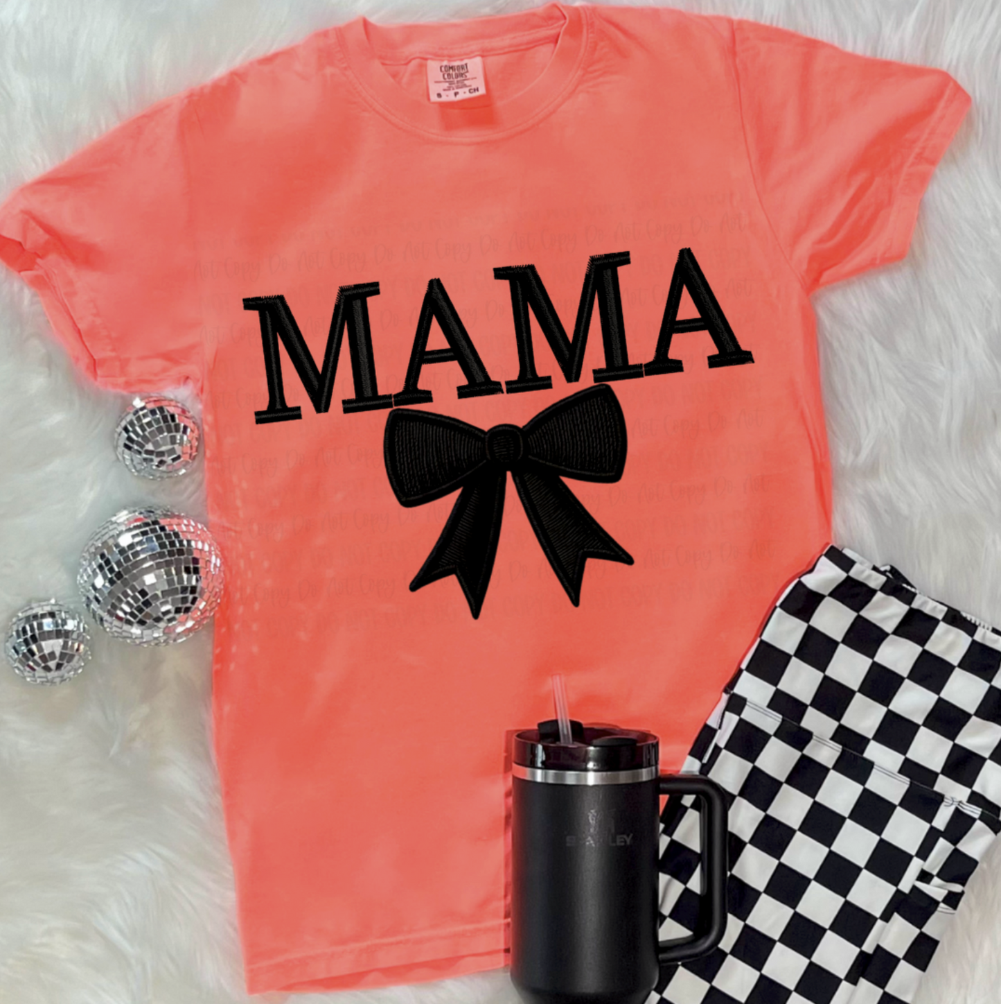 Coral graphic tee with bold black bow and “MAMA” text – $15 mom life t-shirt