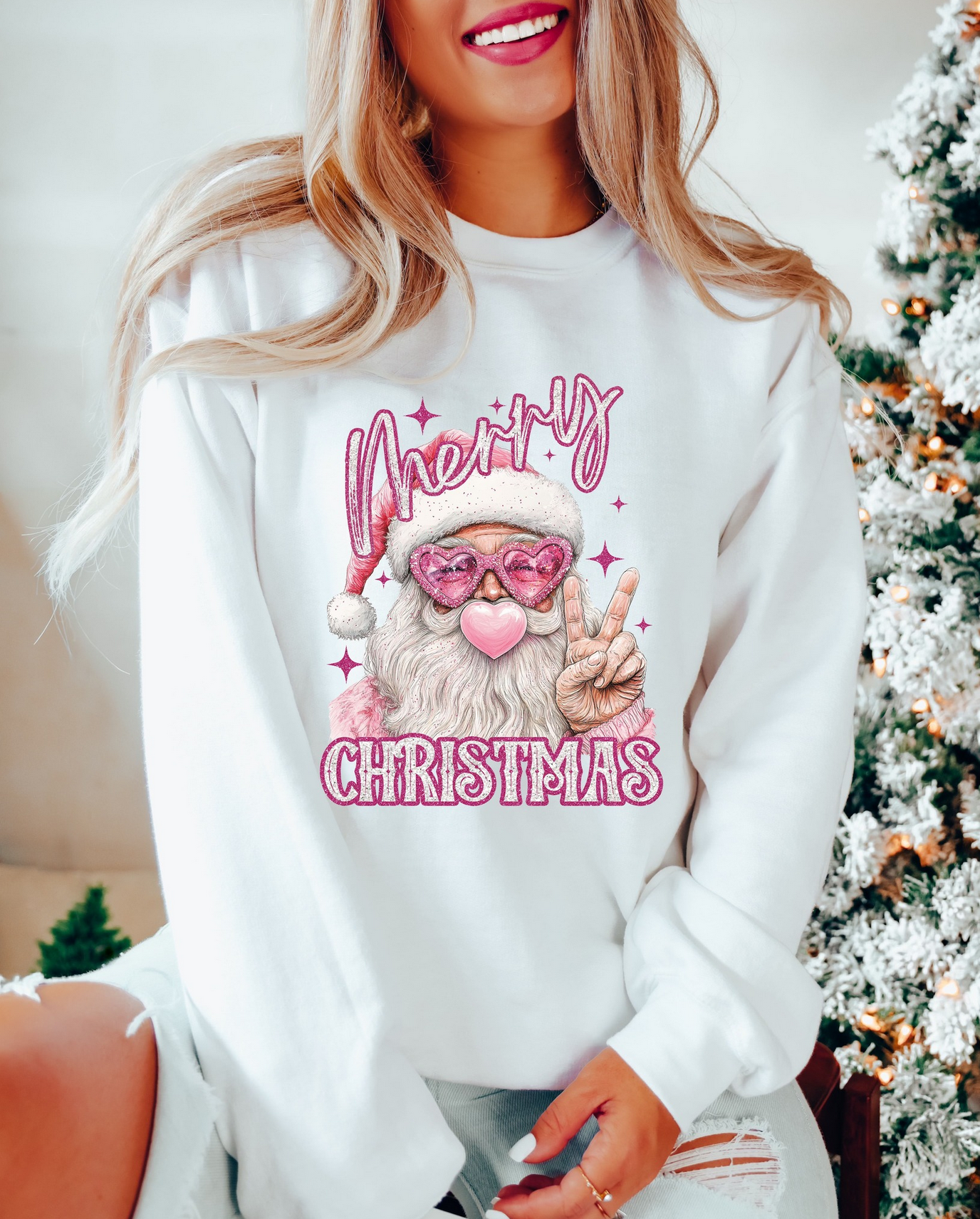 White Christmas graphic tee or sweatshirt with Santa in pink glasses and Merry Christmas text – holiday apparel