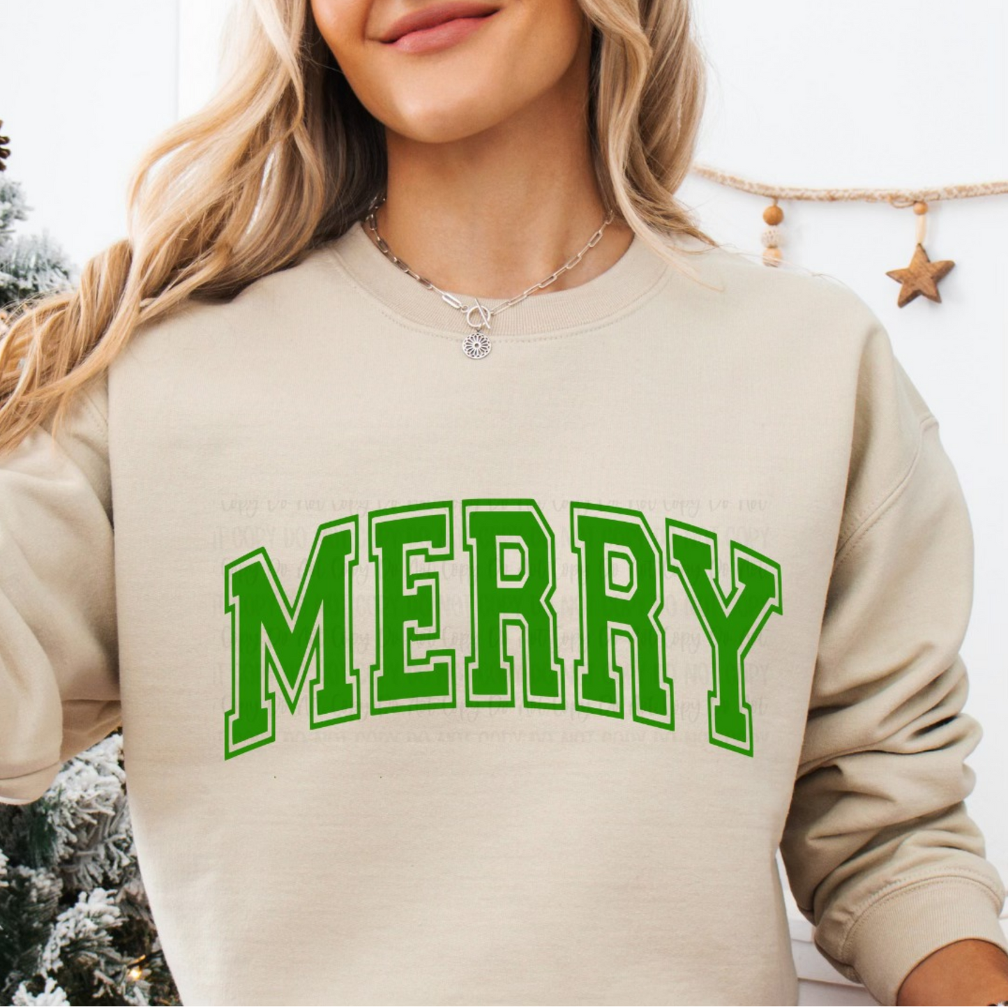 "Merry Christmas sweatshirt with green varsity lettering"

"Festive holiday crewneck sweater in beige"

"Cozy unisex Christmas sweatshirt for winter outfits"