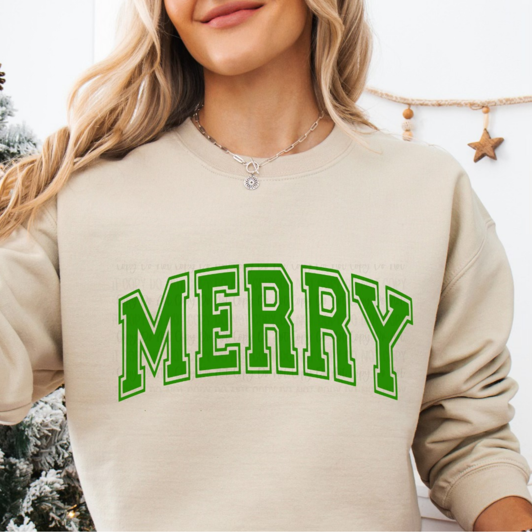 "Merry Christmas sweatshirt with green varsity lettering"

"Festive holiday crewneck sweater in beige"

"Cozy unisex Christmas sweatshirt for winter outfits"