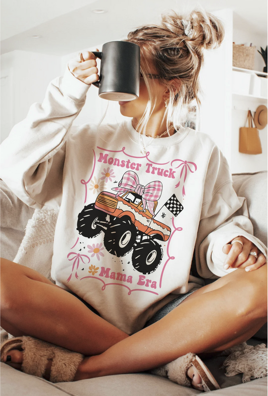 "Beige crewneck sweatshirt with monster truck and pink bows – Monster Truck Mama Era"

"Funny mama era sweatshirt with cute graphic truck and checkered flag"