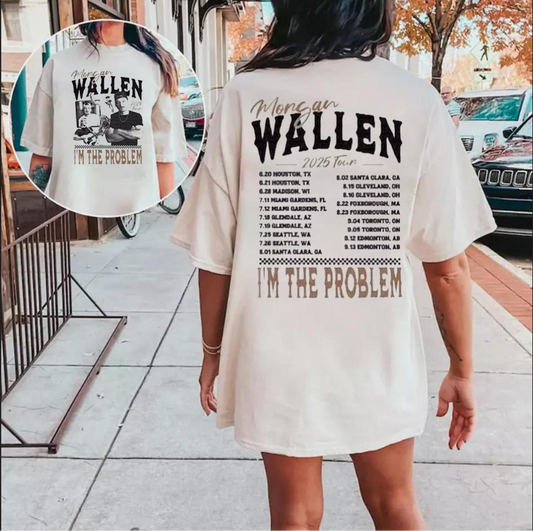 Morgan Wallen I'm the Problem tour graphic tee with concert dates on back in off-white shirt
