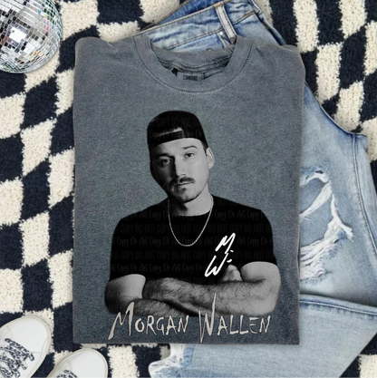 Morgan Wallen signature graphic tee with portrait design on gray shirt
