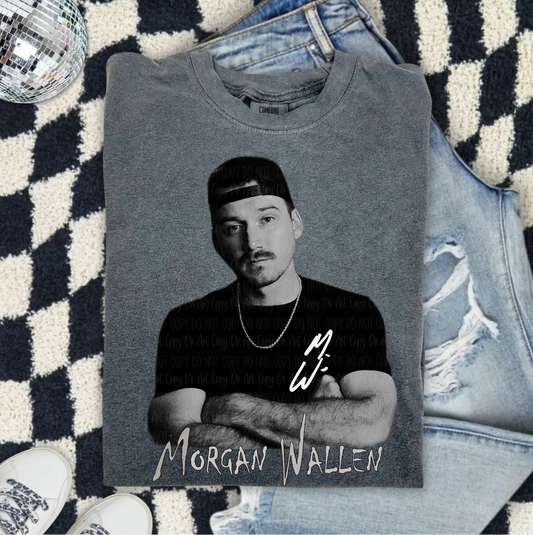 Morgan Wallen signature graphic tee with portrait design on gray shirt
