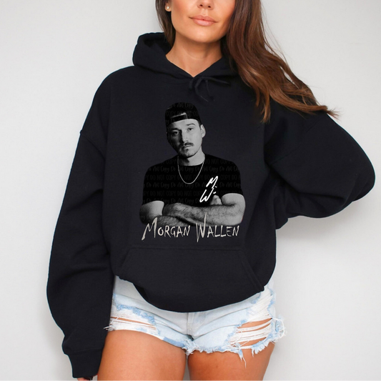Morgan Wallen signature graphic hoodie in black with portrait design
