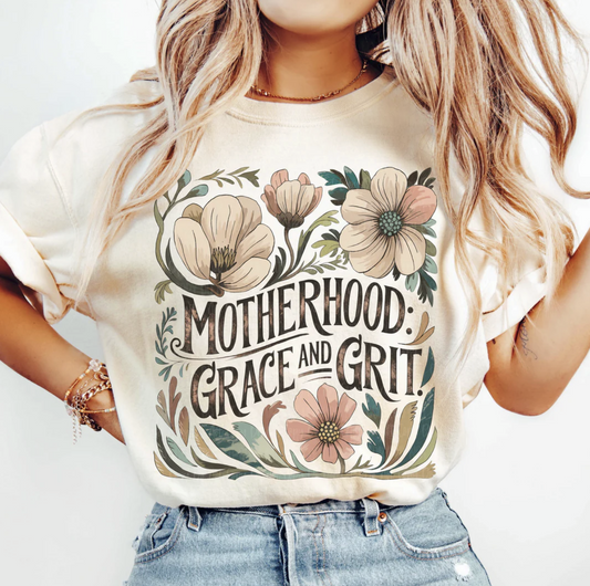 Motherhood Grace and Grit graphic tee with vintage floral artwork on beige shirt
