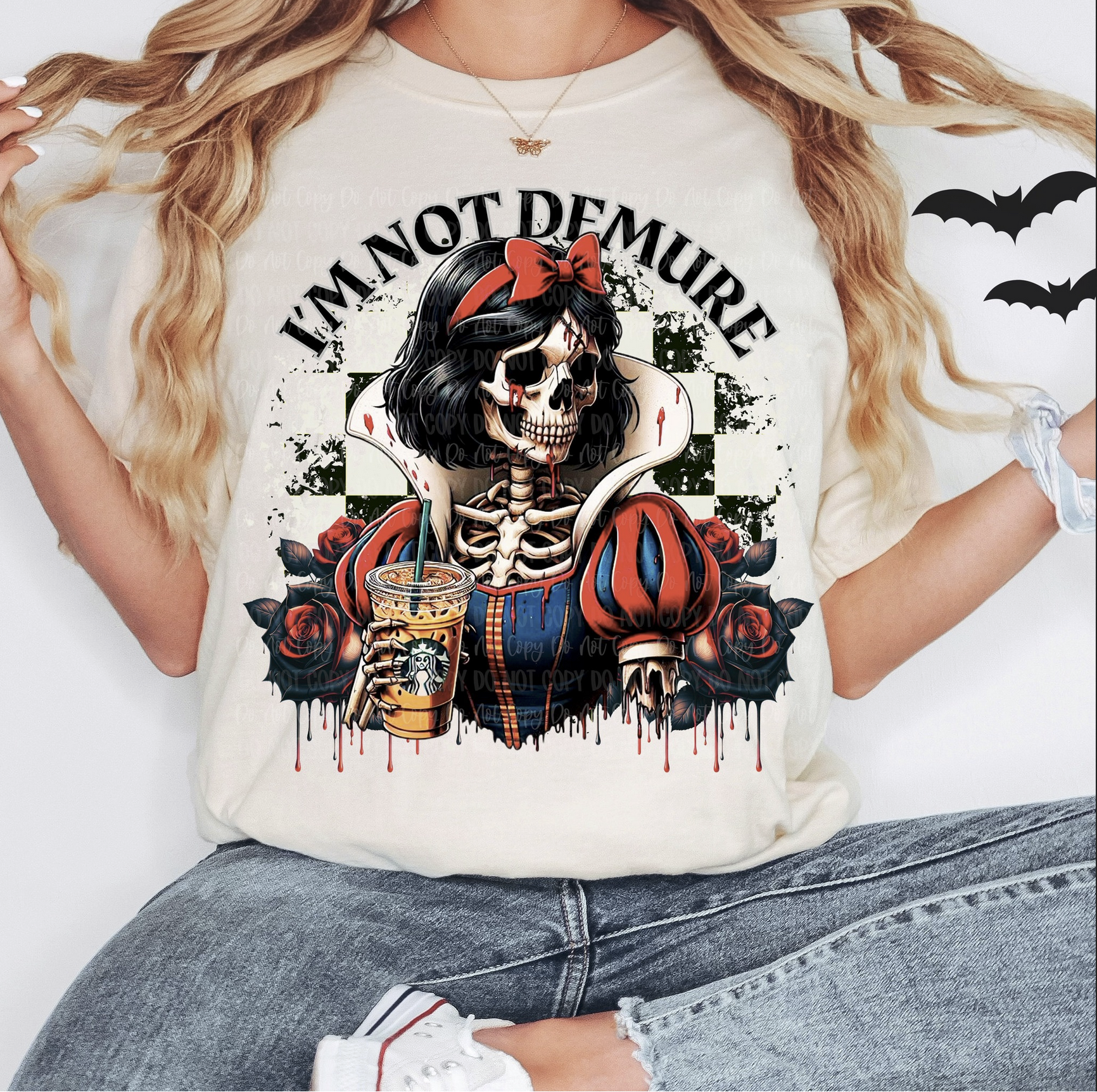 "Comfort Colors beige gothic t-shirt with skeleton princess design – I’m Not Demure"

"Halloween gothic princess graphic tee with roses and skeleton design"