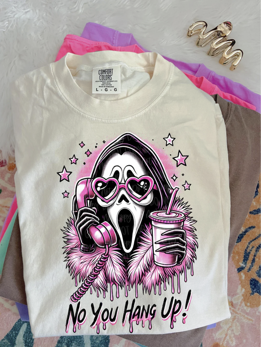 "Comfort Colors white t-shirt with glam ghost face parody graphic – No You Hang Up design"

"Funny horror parody graphic tee with ghost mask, sunglasses, phone, and drink"