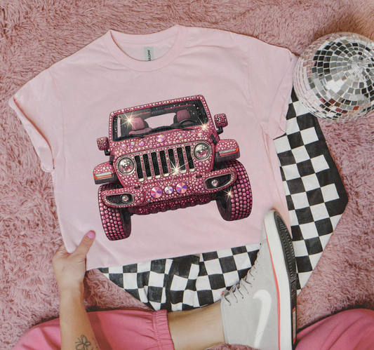 Pink rhinestone Jeep graphic tee on pastel pink shirt with disco glam vibe

