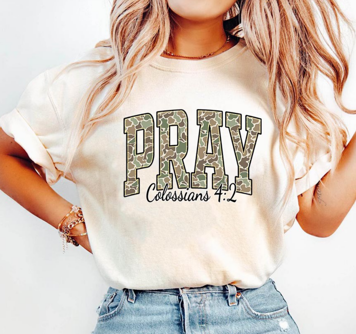 PRAY Colossians 4:2 Christian camo lettering tee
Faith-based beige shirt with scripture design
Christian graphic tee unisex comfort colors style