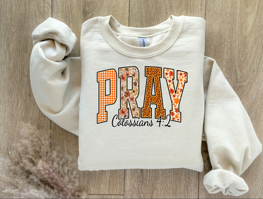 PRAY Colossians 4:2 Christian Graphic Tee & Sweatshirt | Faith Camo / Fall Patchwork Design | Unisex Comfort Apparel